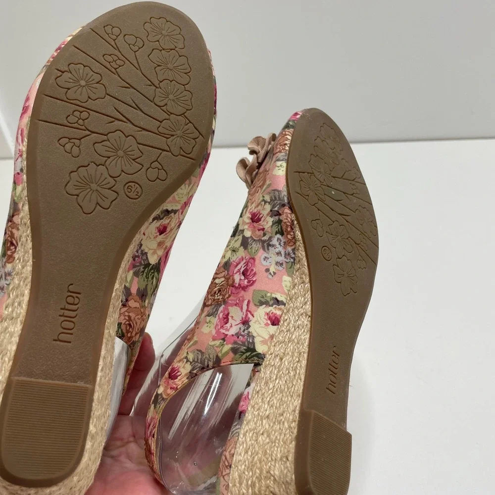 Hotter Betsy Pink Floral Peep Toe Wedge Sandals 3D Flower Applique Cottage 8.5